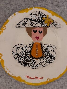 Vintage Handmade 1960 Decorative Lady Plaque in Yellow, Black & White